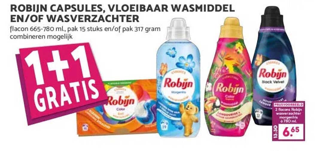 Robijn capsules, vloeibaar wasmiddel en/of wasverzachter 1+1 gratis