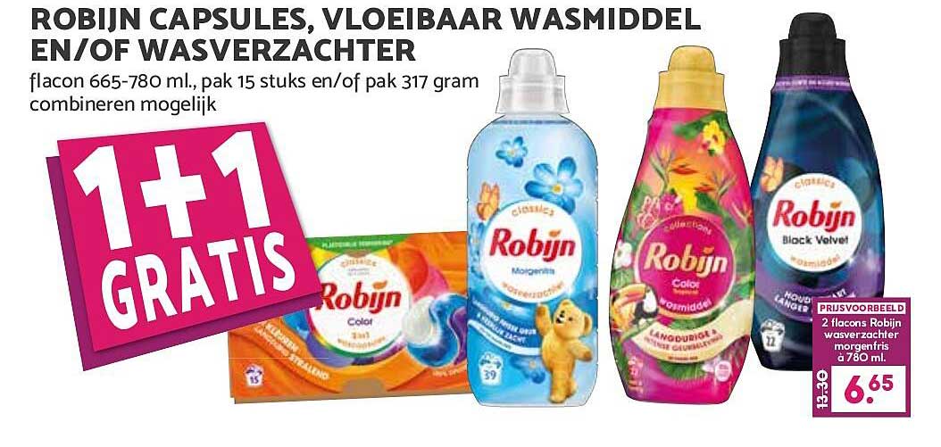 ROBIN CAPSULES, VLOEIBAAR WASMIDDEL EN/OF WASVERZACHTER 1+1 GRATIS