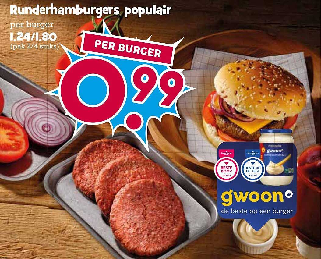 Runderhamburgers populair per burger 1.24/1.80 (pak 2/4 stuks) PER BURGER