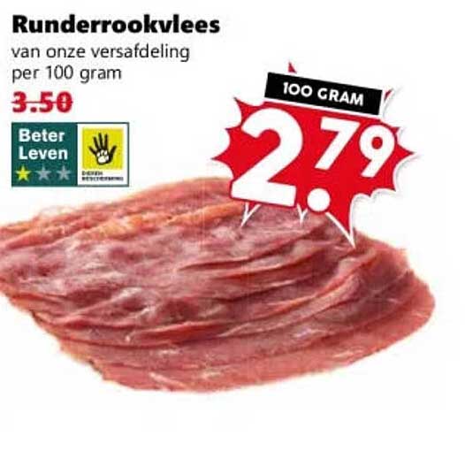Runderrookvlees van onze versafdeling per 100 gram