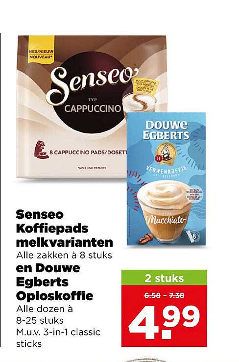 Senseo Koffiepads melkvarianten Alle zakken à 8 stuks en Douwe Egberts Oploskoffie Alle dozen à 8-25 stuks M.u.v. 3-in-1 classic sticks 2 stuks