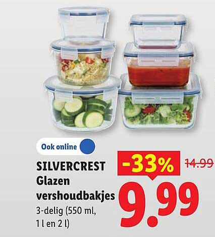 SILVERCREST Glazen vershoudbakjes 3-delig (550 ml, 1 l en 2 l) -33%