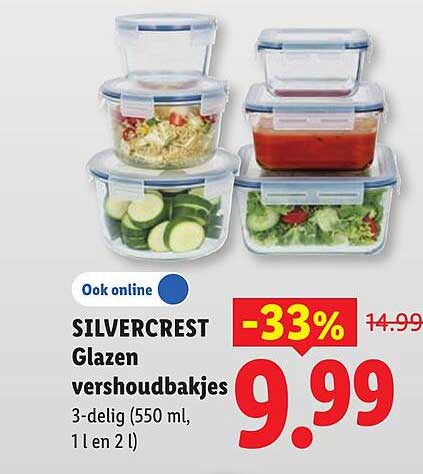 SILVERCREST Glazen vershoudbakjes 3-delig (550 ml, 1 l en 2 l) -33%