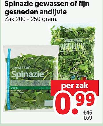 Spinazie gewassen of fijn gesneden andijvie Zak 200 - 250 gram.