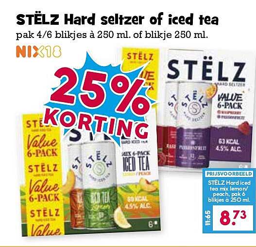STËLZ Hard seltzer of iced tea pak 4/6 blikjes à 250 ml. of blikje 250 ml. 25% korting