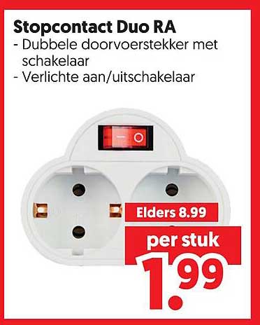 Stopcontact Duo RA - Dubbele doorvoerstekker met schakelaar - Verlichte aan/uitschakelaar