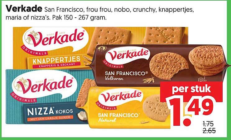 Verkade San Francisco, frou frou, nobo, crunchy, knappertjes, maria of nizza’s. Pak 150 - 267 gram.