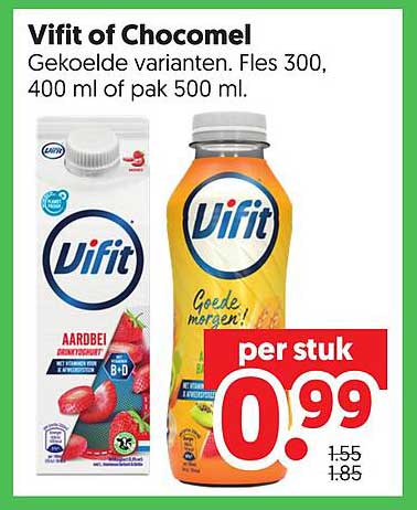Vifit of Chocomel Gekoelde varianten. Fles 300, 400 ml of pak 500 ml. per stuk