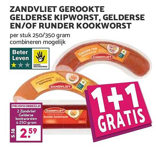 Zandvliet gerookte Gelderse kipworst, Gelderse en/of runder kookworst 1+1 gratis