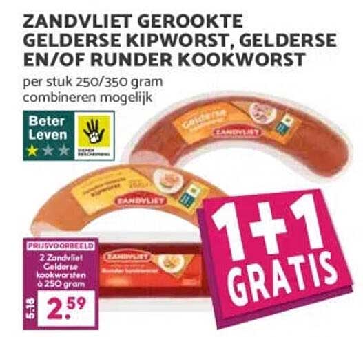 Zandvliet Gerookte Gelderse Kipworst, Gelderse en/of Rundermolse worst 1+1 GRATIS