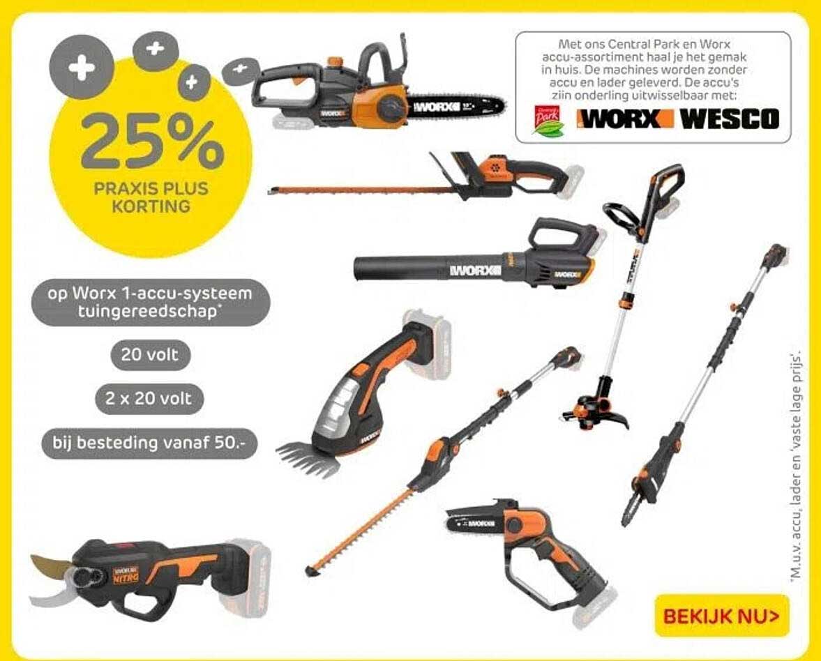 25% PRACTIS PLUS KORTING op Worx 1-accu-systeem tuingereedschap