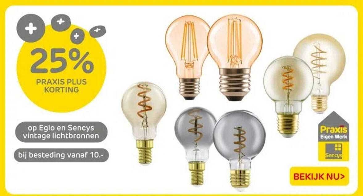 25% PRAIXIS PLUS KORTING op Eglo en Sencys vintage lichtbronnen bij besteding vanaf 10.-