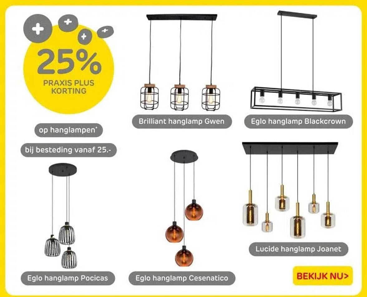 25% PRAKIS PLUS KORTING op hanglampen bij besteding vanaf 25.-