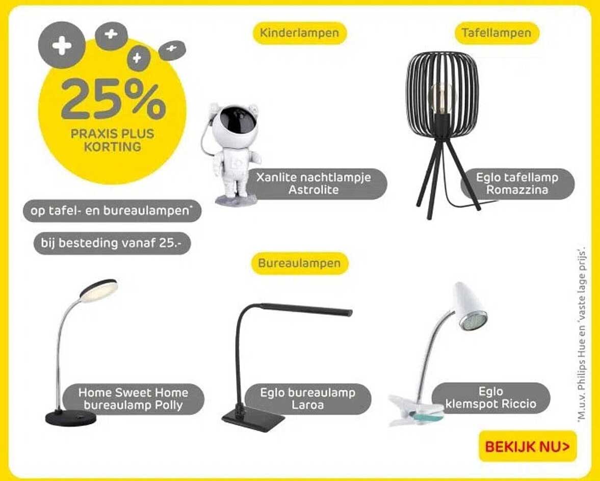 25% PRAKIS PLUS KORTING op tafel- en bureaulampen bij besteding vanaf 25,-