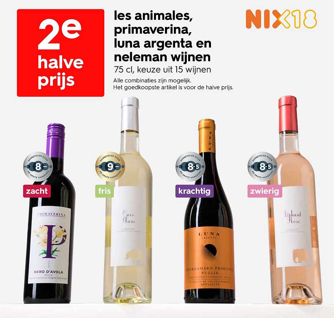 2e halve prijs les animales, primavera, luna argenta en neleman wijnen 75 cl, keuze uit 15 wijnen