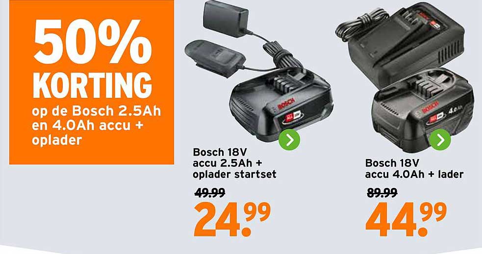 50% KORTING op de Bosch 2.5Ah en 4.0Ah accu + oplader