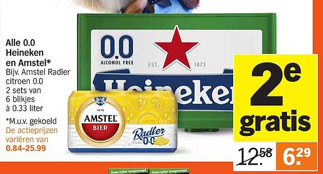 Alle 0.0 Heineken en Amstel* Bijv. Amstel Radler citroen 0.0 2 sets van 6 blikjes à 0.33 liter