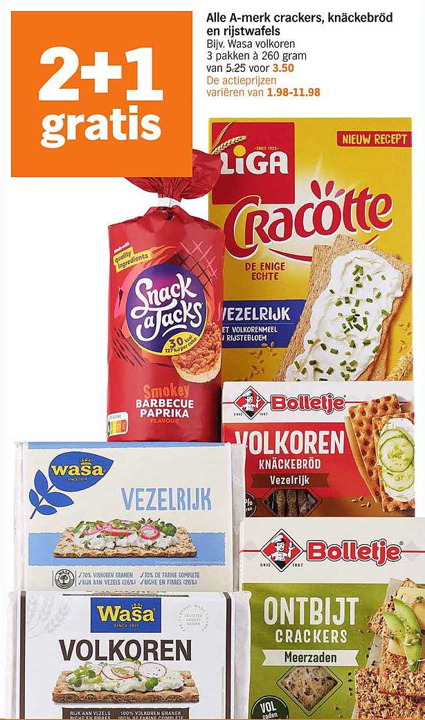 Alle A-merk crackers, knäckebröd en rijstwafels