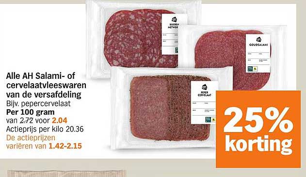 Alle AH Salami- of cervelaatvleeswaren van de versafdeling