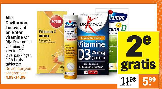 Alle Davitamon, Lucovitaal en Roter vitamine C* Bijv. Davitamon vitamine C + extra D3 2 verpakkingen & 15 bruis-tabletten