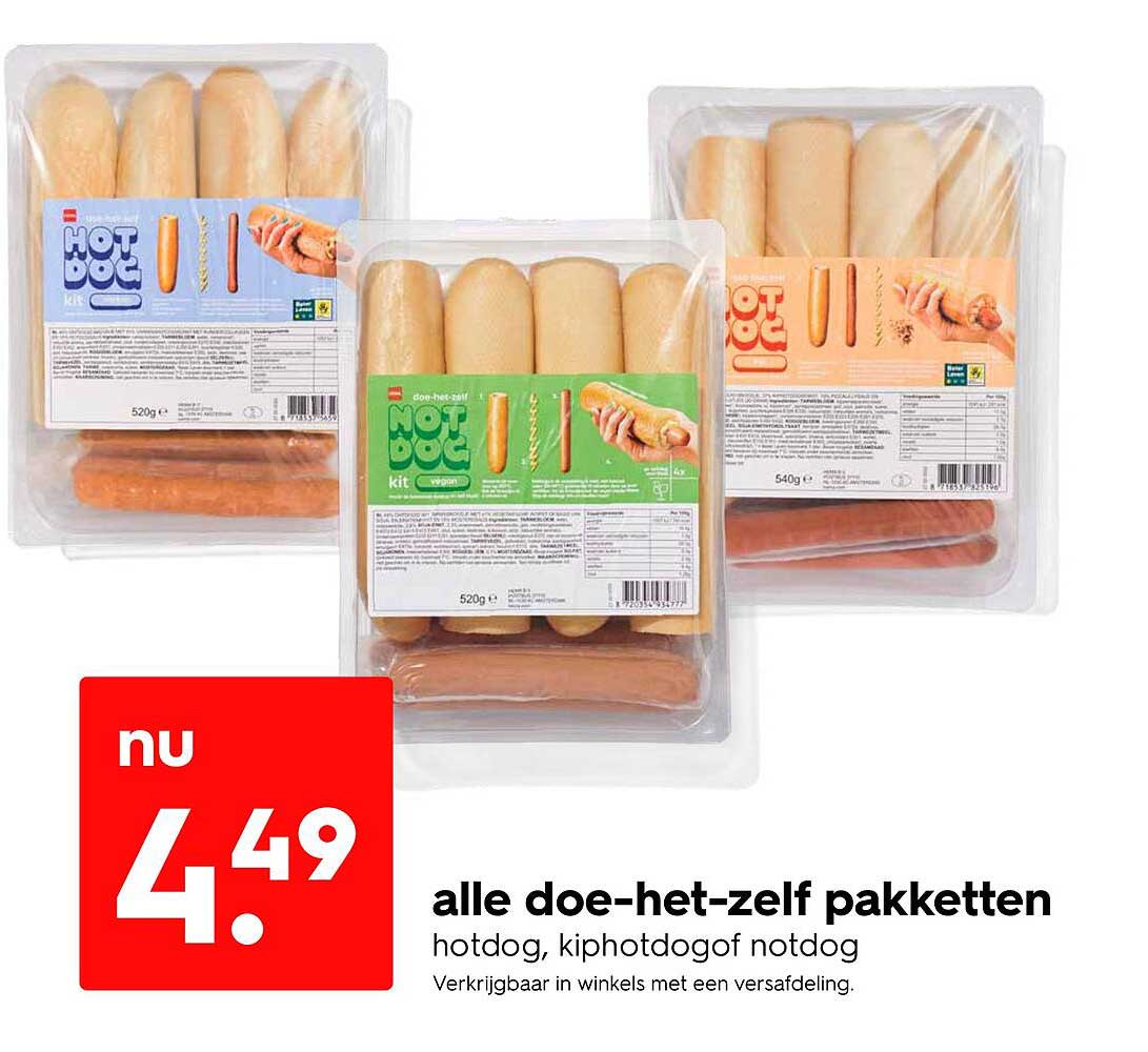 alle doe-het-zelf pakketten hotdog, kiphotdog of notdog
