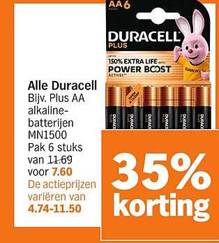 Alle Duracell Bijv. Plus AA alkaline-batterijen MN1500 Pak 6 stuks van 1,69 voor 7,60