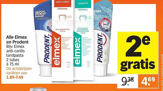 Alle Elmex en Prodent. Bijv. Elmex anti-cariës tandpasta 2 tubes à 75 ml