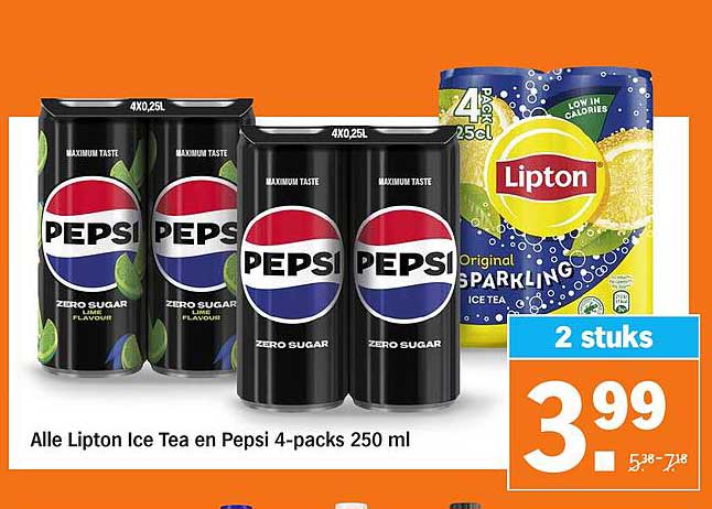 Alle Lipton Ice Tea en Pepsi 4-packs 250 ml