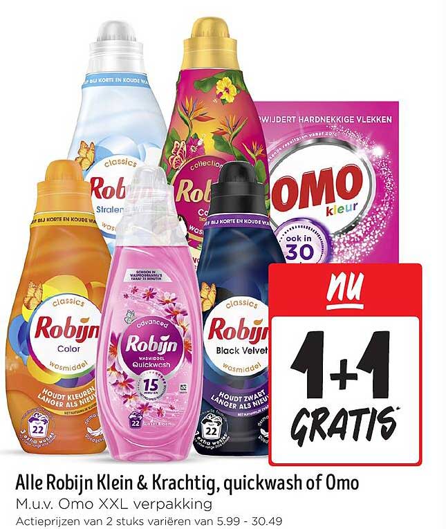 Alle Robijn Klein & Krachtig, quickwash of Omo m.u.v. Omo XXL verpakking
