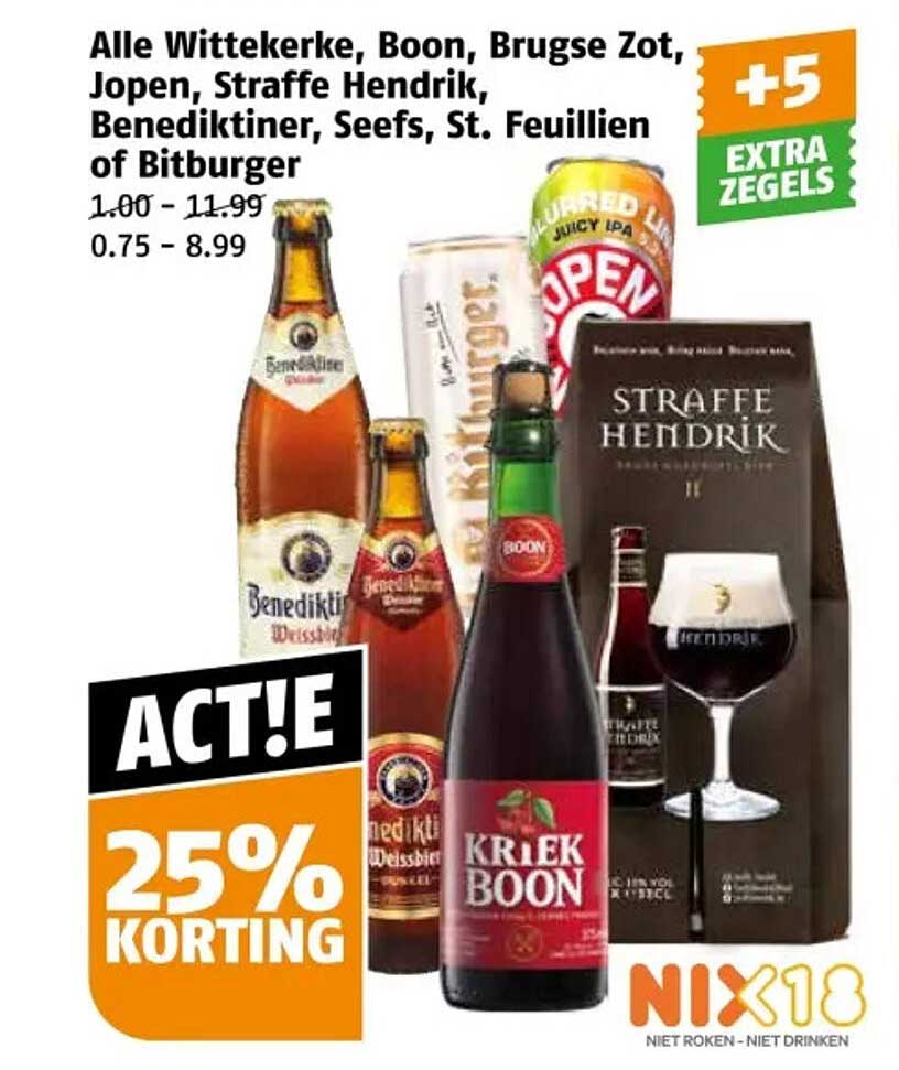 Alle Wittekereke, Boon, Brugse Zot, Jopen, Straffe Hendrik, Benediktiner, Seefs, St. Feuillien of Bitburger