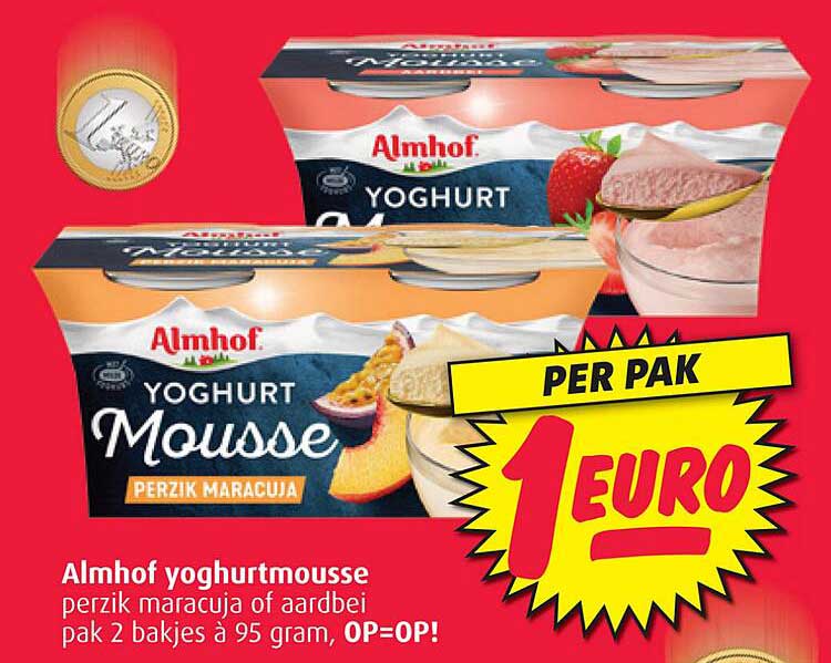 Almhof yoghurtmousse perzik maracuja of aardbei pak 2 bakjes à 95 gram, OP=OP!