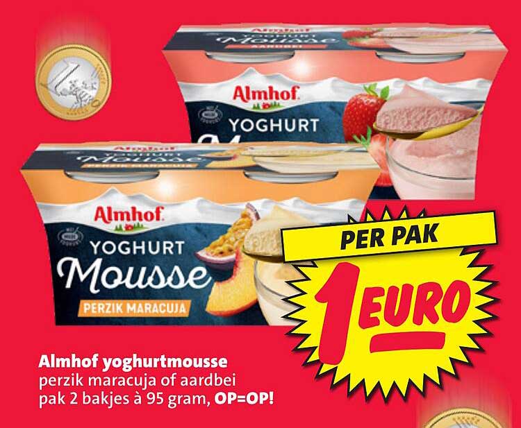 Almhof yoghurtmousse perzik maracuja of aardbei pak 2 bakjes à 95 gram, OP=OP!