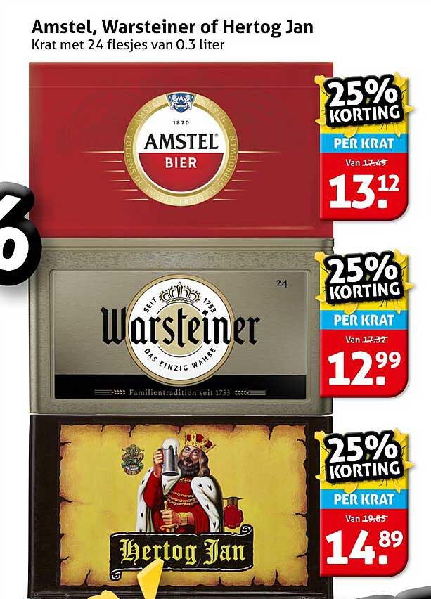 Amstel, Warsteiner of Hertog Jan - Krat met 24 flesjes van 0.3 liter