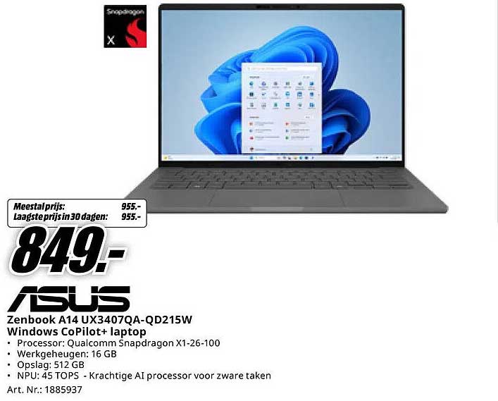 ASUS Zenbook A14 UX3407QA-QD215W Windows CoPilot+ laptop
