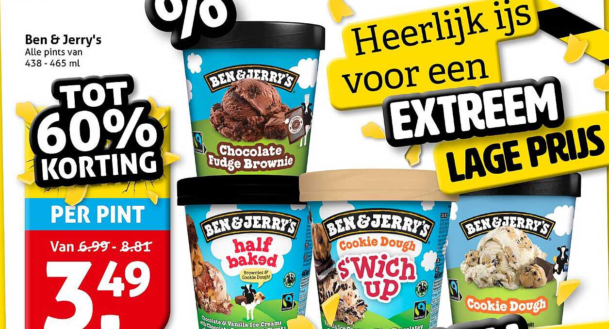 Ben & Jerry's - Tot 60% korting op alle pints van 438 - 465 ml