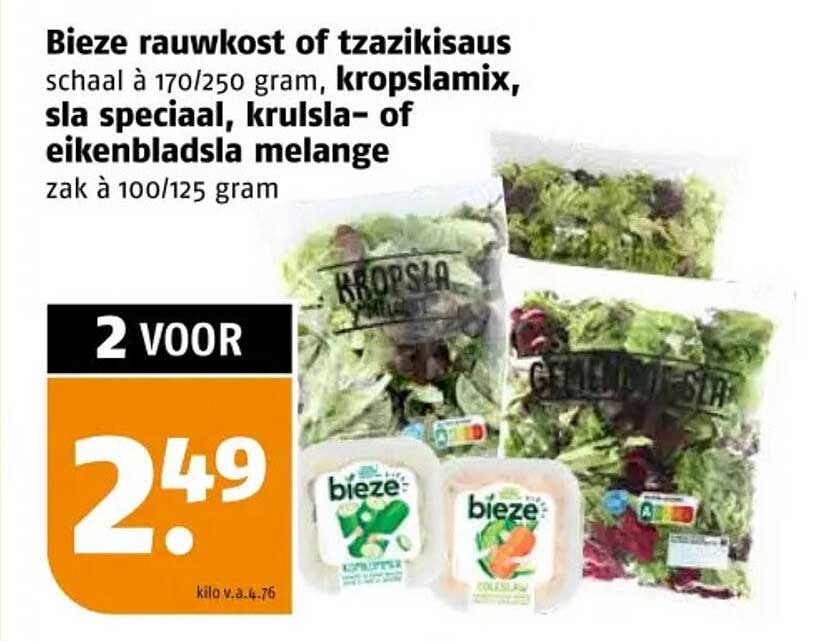 Bieze rauwkost of tzatzikisaus schaal à 170/250 gram, kropslamix, sla speciaal, kruid- of eikenbladsla melange zak à 100/125 gram