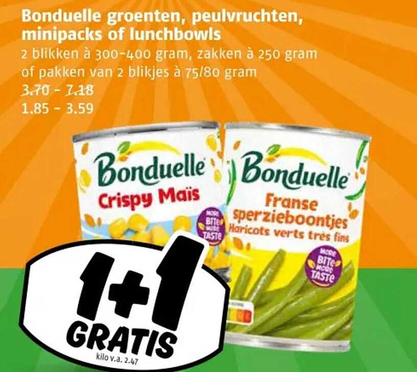 Bonduelle groenten, peulvruchten, minipacks of lunchbowl 1+1 GRATIS