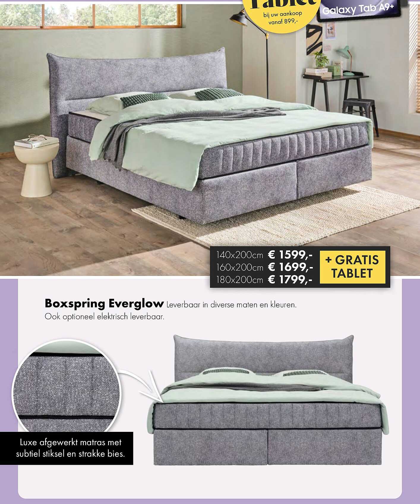 Boxspring Everglow Leverbaar in diverse maten en kleuren. Ook optioneel elektrisch leverbaar.
