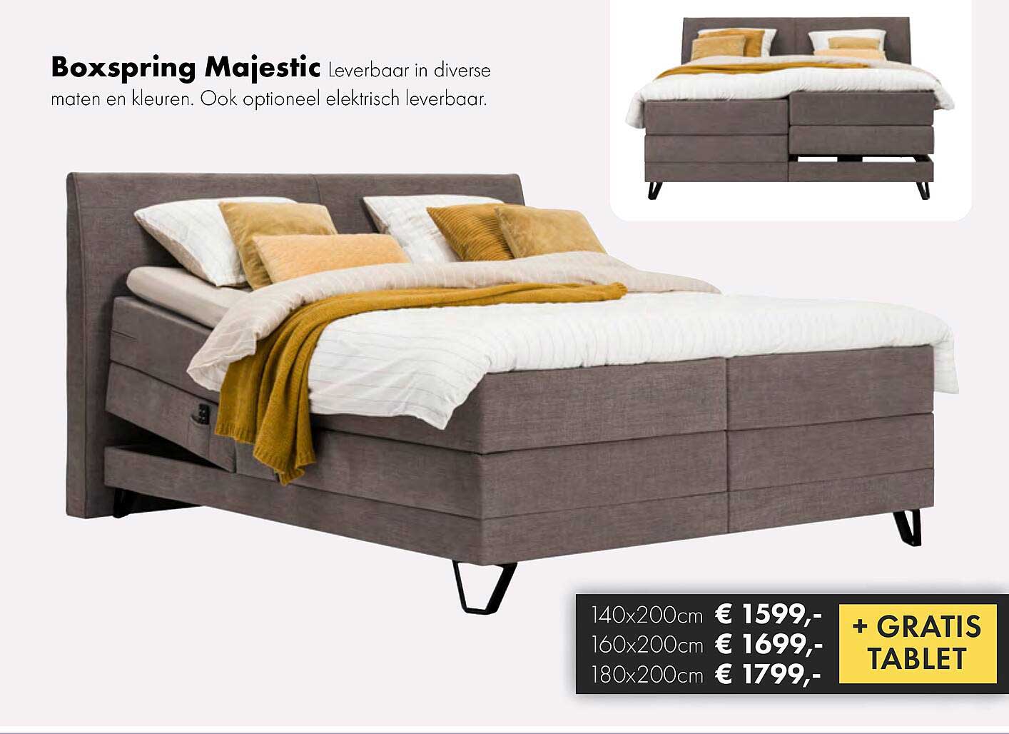 Boxspring Majestic Leverbaar in diverse maten en kleuren. Ook optioneel elektrisch leverbaar.