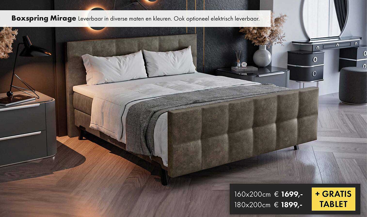 Boxspring Mirage Leverbaar in diverse maten en kleuren. Ook optioneel elektrisch leverbaar.