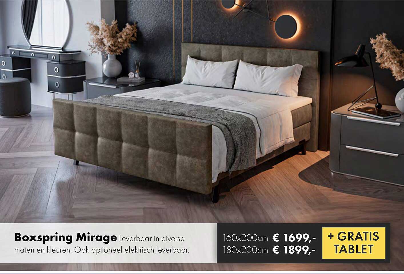 Boxspring Mirage Leverbaar in diverse maten en kleuren. Ook optioneel elektrisch leverbaar.