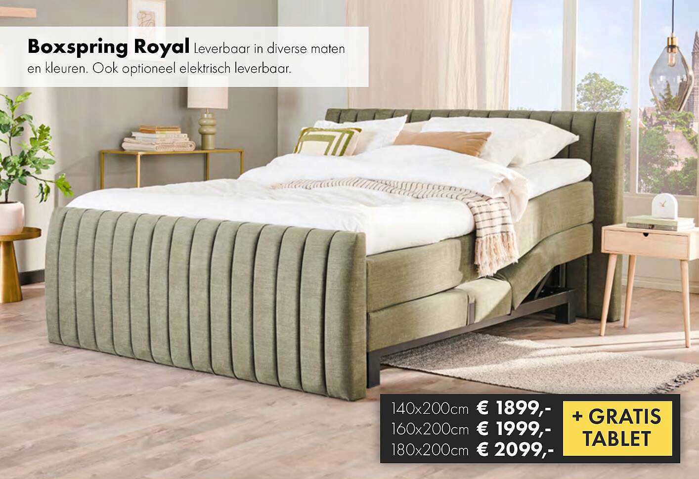 Boxspring Royal leverbaar in diverse maten en kleuren. Ook optioneel elektrisch leverbaar.