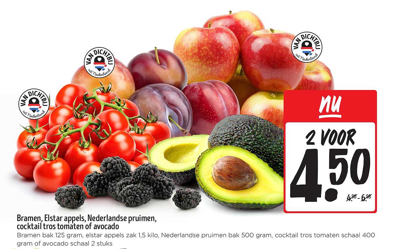 Bramen, Elstar appels, Nederlandse pruimen, cocktail tros tomaten of avocado