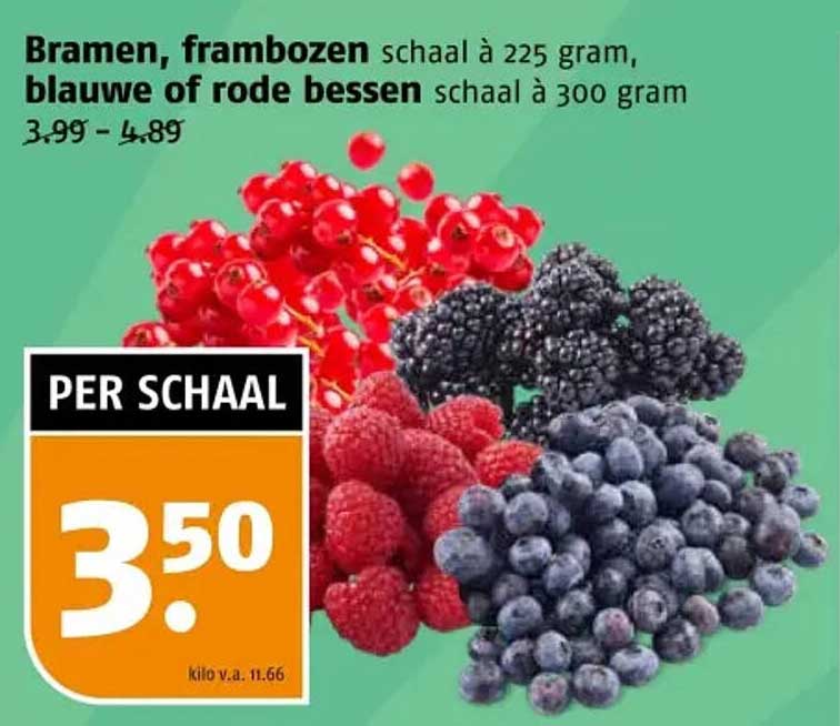 Bramen, frambozen schaal à 225 gram, blauwe of rode bessen schaal à 300 gram