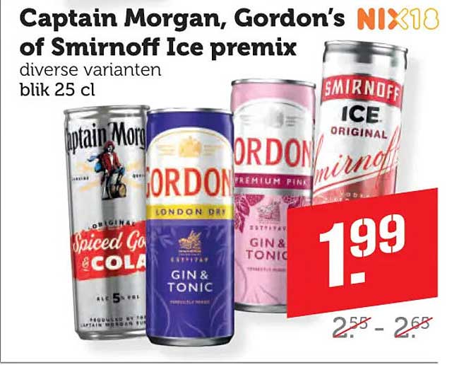 Captain Morgan, Gordon’s of Smirnoff Ice premix diverse varianten blik 25 cl