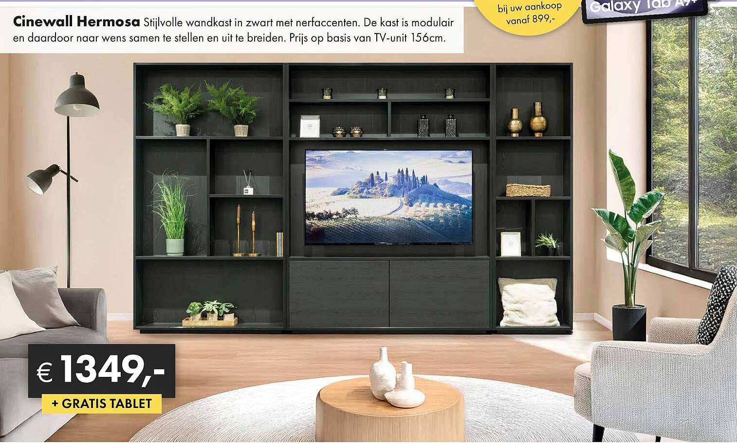 Cinewall Hermosa Stijlvolle wandkast in zwart met nerfaccenten