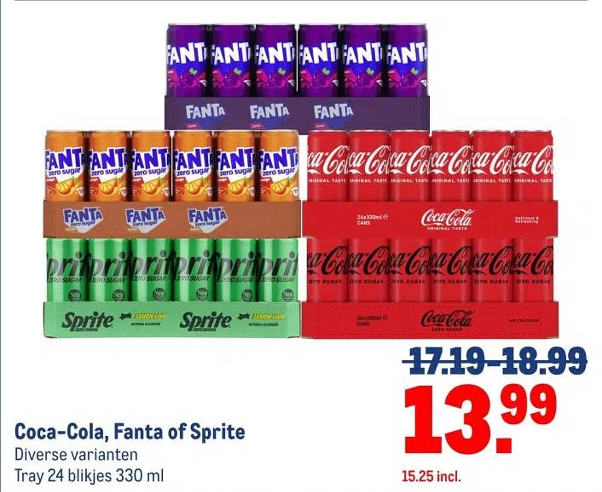 Coca-Cola, Fanta of Sprite Diverse varianten Tray 24 blikjes 330 ml