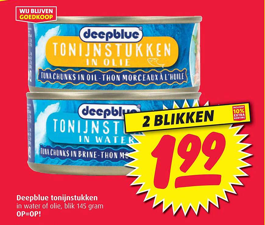 Deepblue tonijnstukken in water of olie, blik 145 gram, 2 blikken voor 1,99