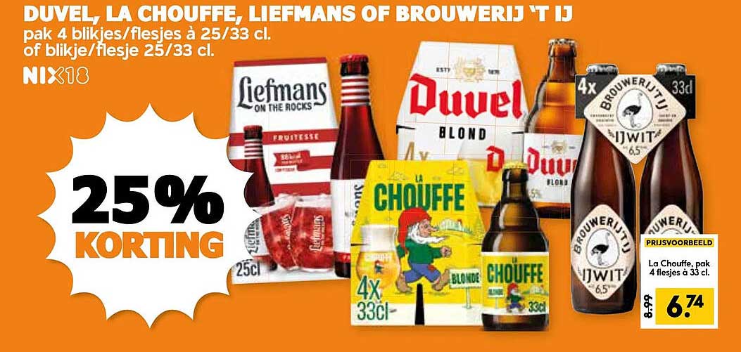 DUVEL, LA CHOUFFE, LIEFMANS OF BROUWERIJ 'T IJ - pak 4 blikjes/flesjes à 25/33 cl.