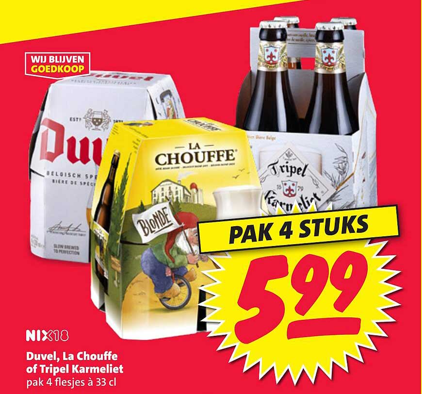 Duvel, La Chouffe of Tripel Karmeliet pak 4 flesjes à 33 cl